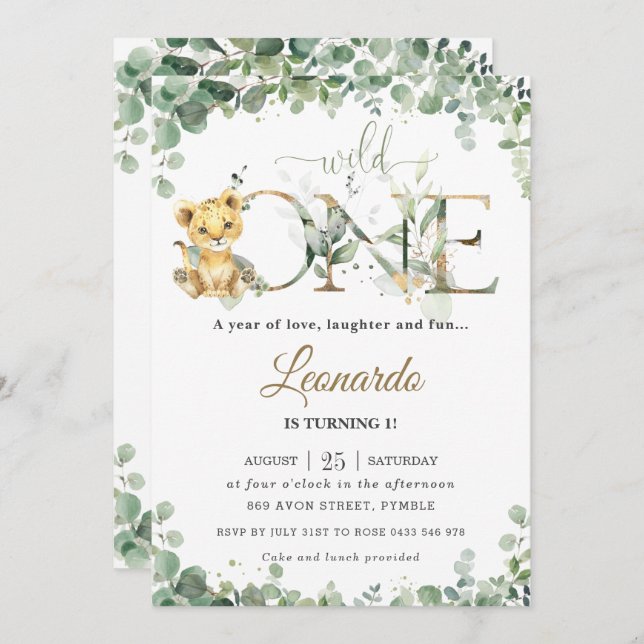 Greenery Cute Lion Cub Boy1st Birthday Wild One Invitation (Front/Back)