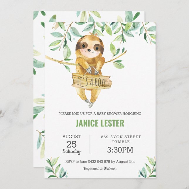 Greenery Cute Sloth Baby Shower Boy Invitation (Front/Back)