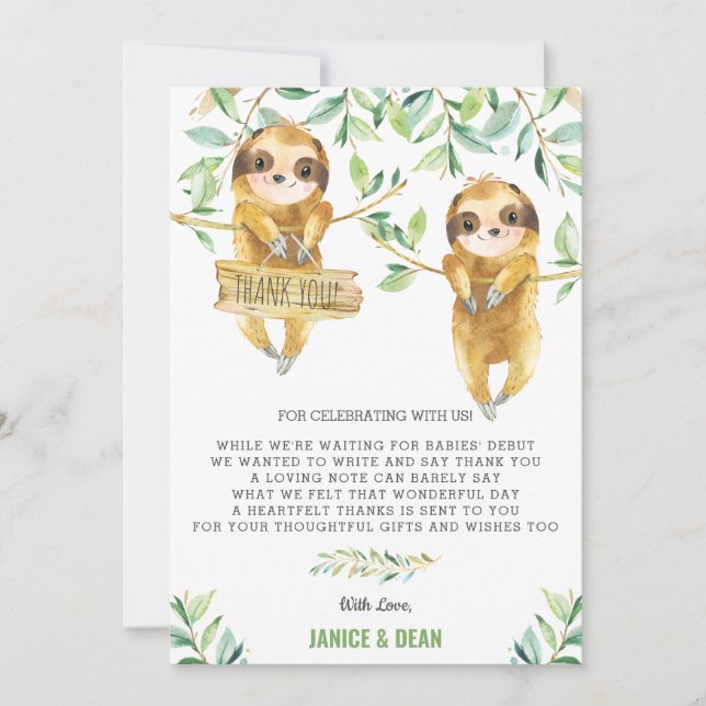 Greenery Cute Sloth Baby Shower Twins Boys Thank You Card (Front)