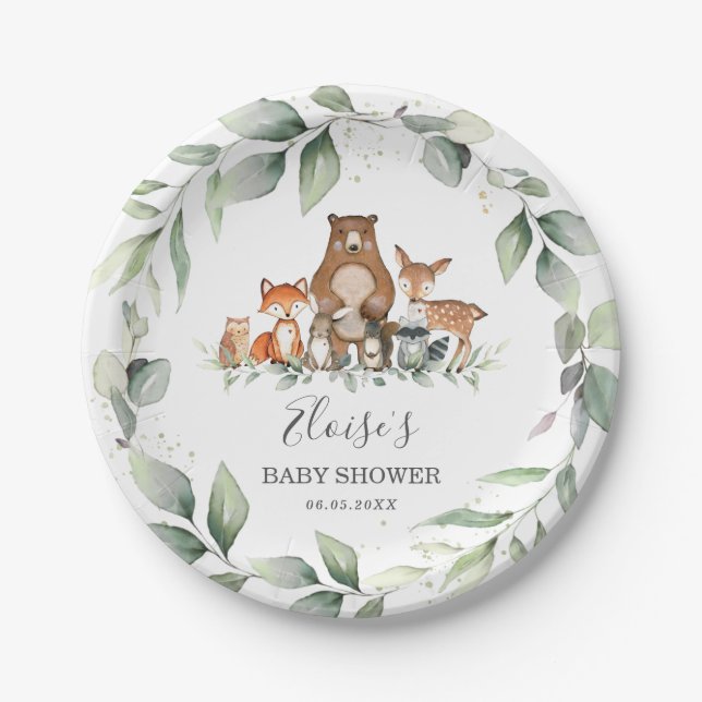 Greenery Cute Woodland Animals Baby Shower Neutral Paper Plate (Front)