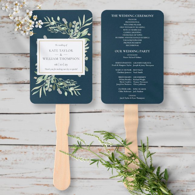 Greenery Deep Sea Blue Wedding Program Hand Fan (Creator Uploaded)
