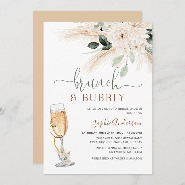 Greenery Desert Boho Pampas Grass Brunch & Bubbly Invitation (Front/Back)