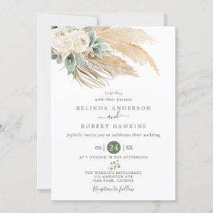 Greenery Desert Boho Rose Pampas Grass Wedding Invitation