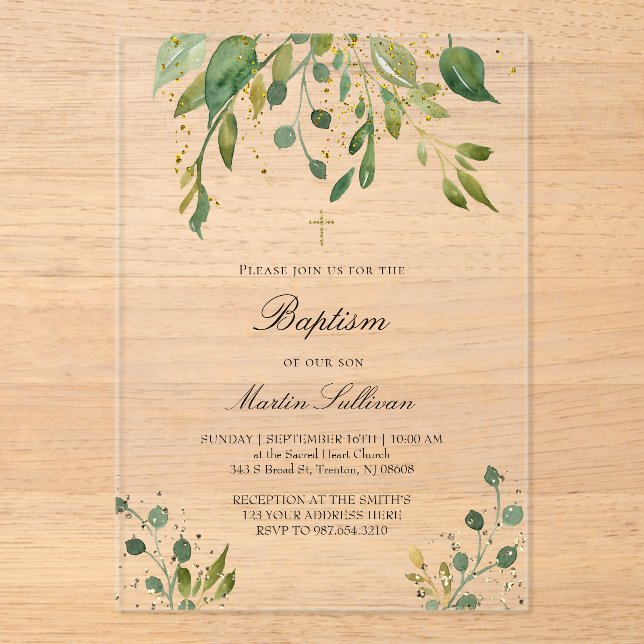 greenery design | Baptism Acrylic Invitations (Front)