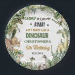 Greenery Dinosaurs Jurassic Boy Birthday Round Paper Plate<br><div class="desc">Personalise these roar-some Dinosaur Birthday Party paper plates with your own wording and details easily and quickly, simply press the Edit Using Design Tools button to further re-arrange and format the style and placement of the text. Featuring watercolor tyrannosaurus, triceratops, brontosaurus, spinosaurus and Jurassic greenery. (c) The Happy Cat Studio...</div>
