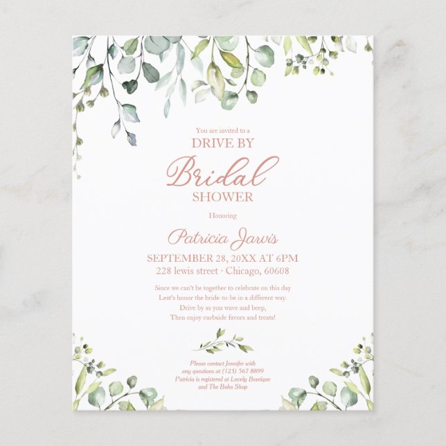 Greenery Drive By Bridal Shower Budget Invitation (Front)