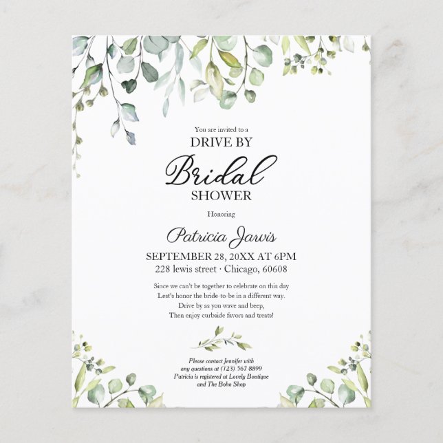 Greenery Drive By Bridal Shower Budget Invitation (Front)