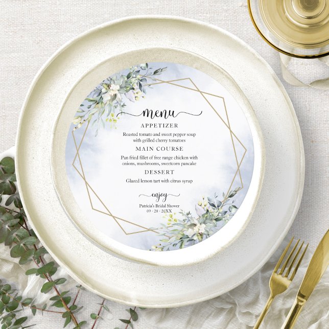 Greenery Dusty Blue Bridal Shower Circle Menu Invitation (Creator Uploaded)