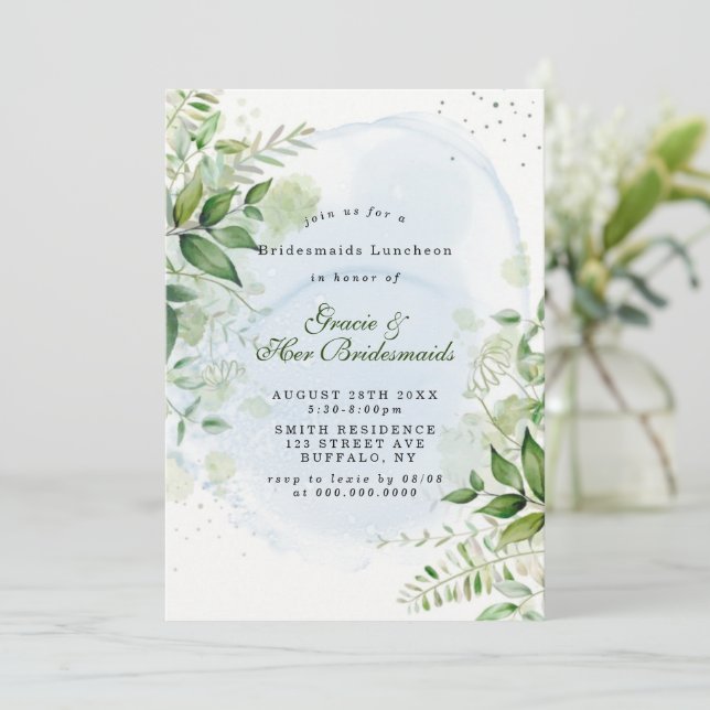 Greenery Dusty Blue Bridesmaids Luncheon Invites (Standing Front)