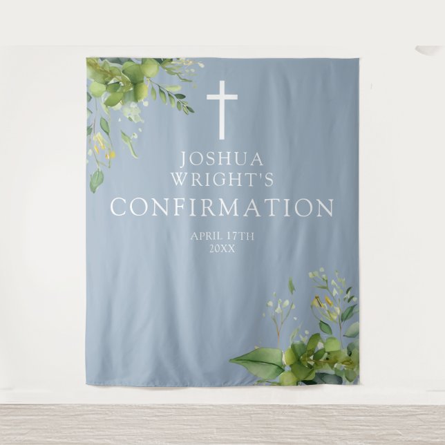Greenery Dusty Blue Confirmation Photo Backdrop Tapestry (Front)