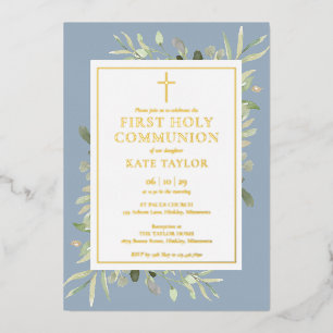 Greenery Dusty Blue First Holy Communion Gold