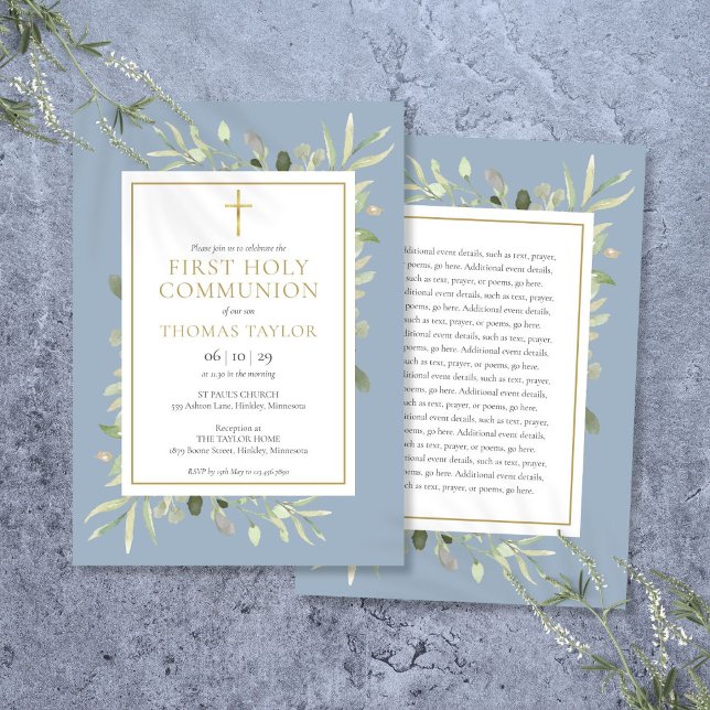 Greenery Dusty Blue First Holy Communion Invitation (Greenery Dusty Blue First Holy Communion Invitation)