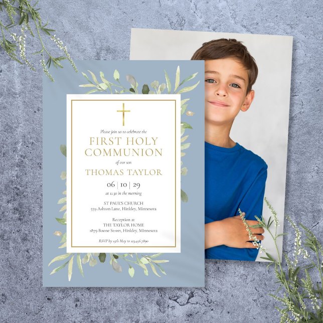 Greenery Dusty Blue First Holy Communion Photo Invitation (Greenery Dusty Blue First Holy Communion Photo Invitation)
