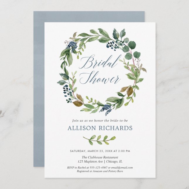 Greenery dusty blue floral wreath rustic bridal invitation (Front/Back)