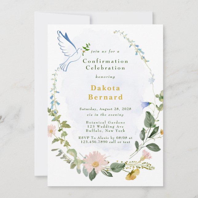 Greenery Dusty Blue Gold Wildflowers Confirmation Invitation (Front)