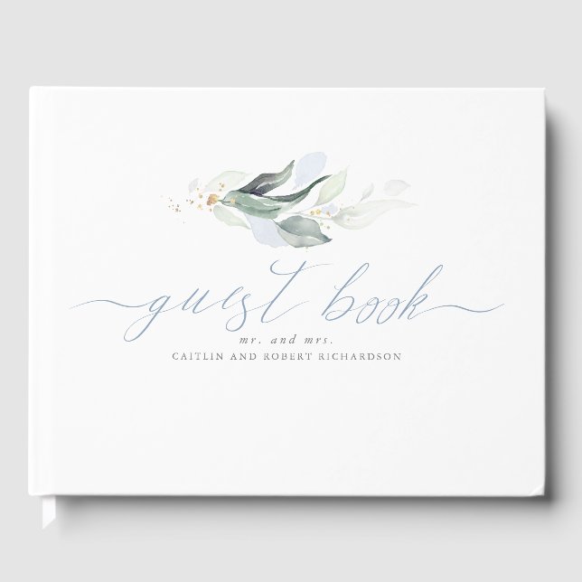 Greenery Dusty Blue Leaves Wedding Guest Book (Front)