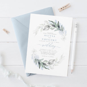 Greenery Dusty Blue Modern Elegant Wedding  Invitation