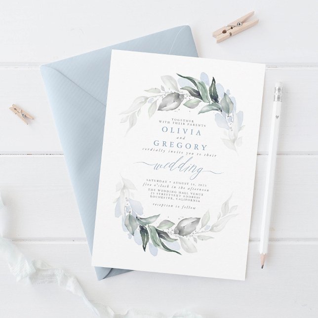 Greenery Dusty Blue Modern Elegant Wedding  Invitation (Dusty Blue and Silver Greenery Wedding Invitations)