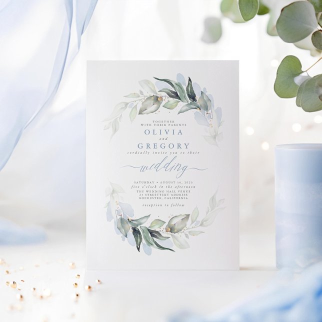 Greenery Dusty Blue Modern Elegant Wedding Invitation (Dusty Blue Greenery Minimalist Wedding Invitations)