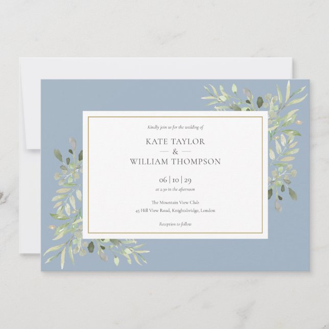 Greenery Dusty Blue Photo Landscape Wedding Invitation (Front)