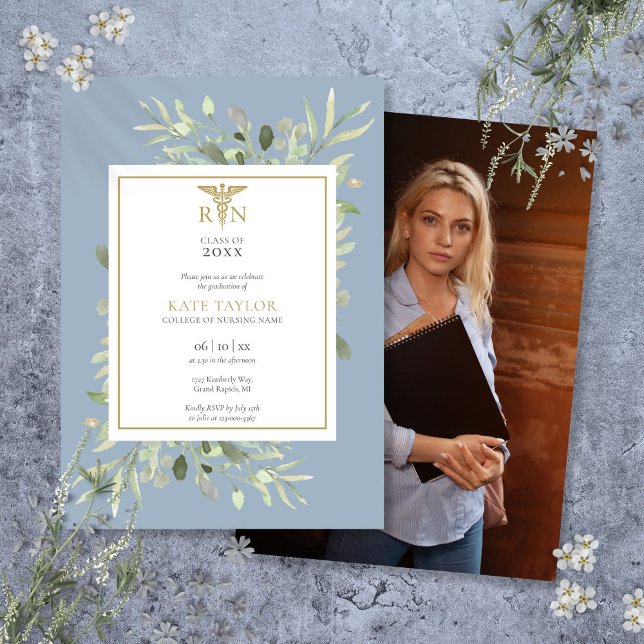 Greenery Dusty Blue RN Nursing Graduation Photo Invitation (Greenery Dusty Blue RN Nursing Graduation Photo Invitation)