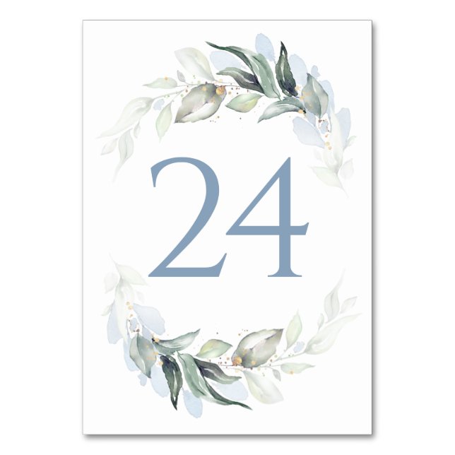Greenery Dusty Blue Wedding Table Number Cards (Front)