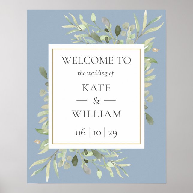 Greenery Dusty Blue Wedding Welcome Sign (Front)