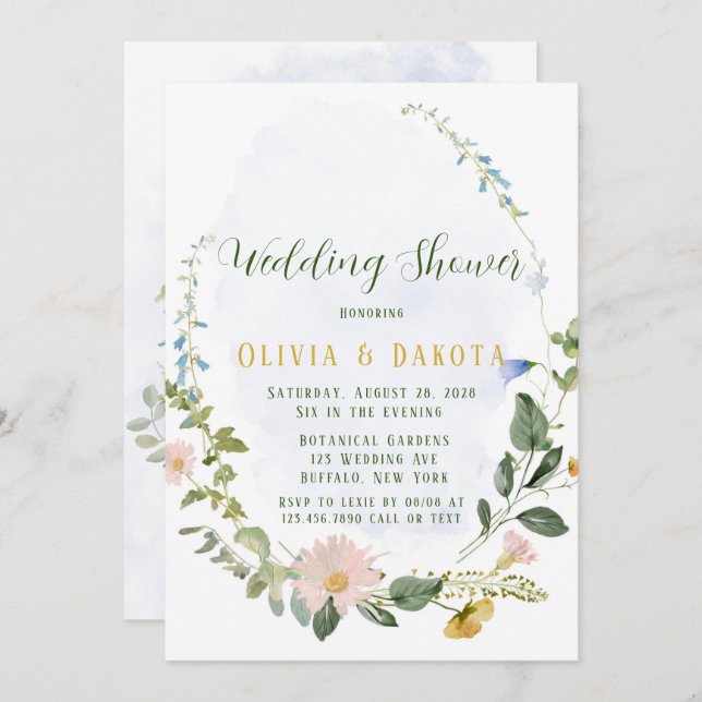 Greenery Dusty Blue Wildflowers Wedding Shower Invitation (Front/Back)