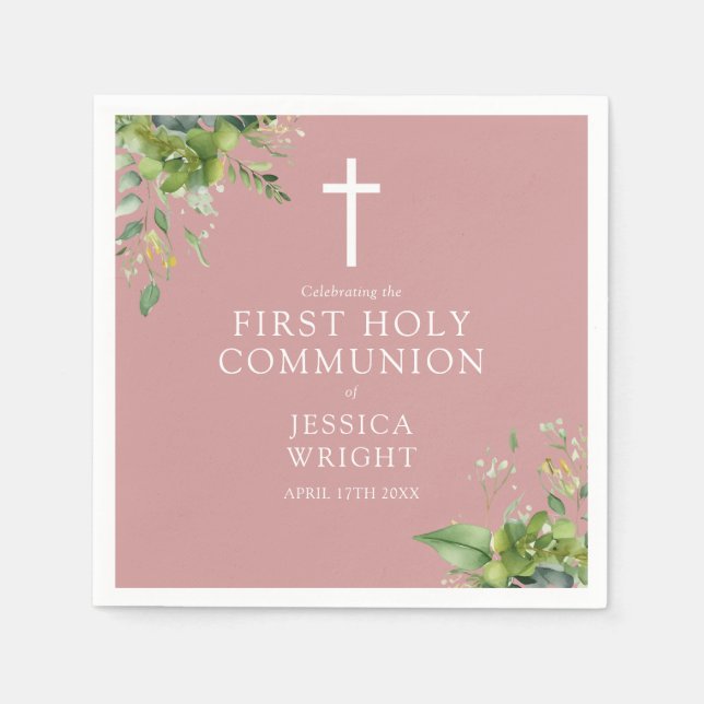 Greenery Dusty Rose Pink First Holy Communion Napkin (Front)