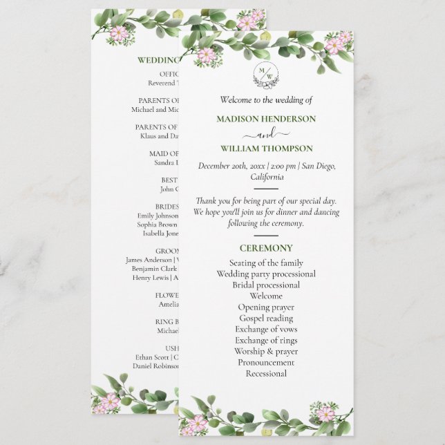 Greenery Elegant and Beautiful Floral Wedding Program (Front/Back)