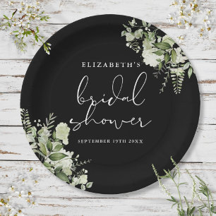 Greenery Elegant Black And White Bridal Shower Paper Plate