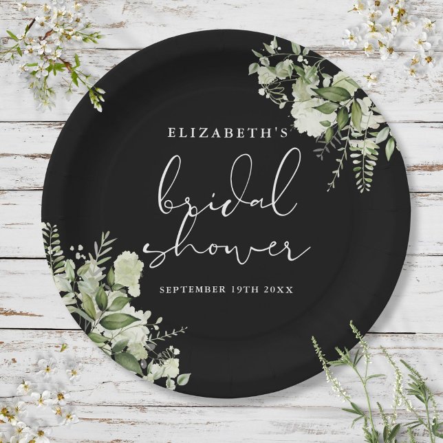 Greenery Elegant Black And White Bridal Shower Paper Plate (Greenery Elegant Black And White Bridal Shower Paper Plates)
