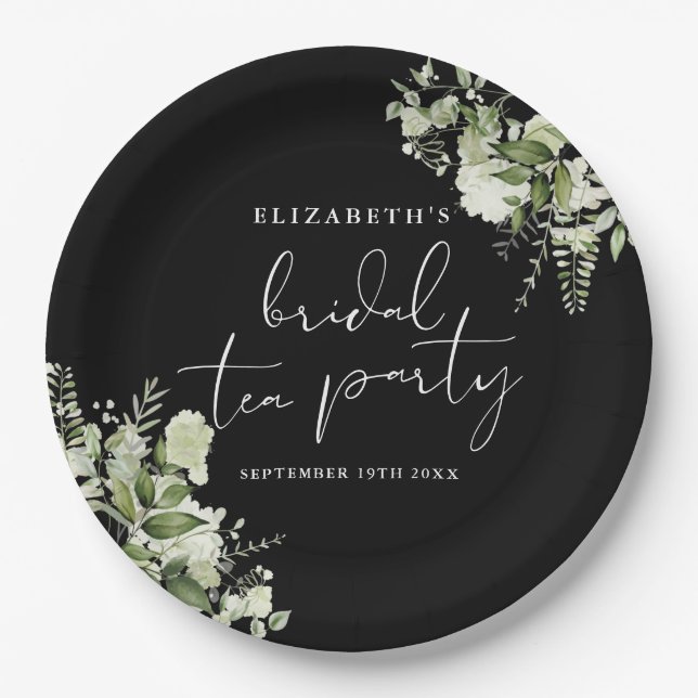 Greenery Elegant Black And White Bridal Tea Party Paper Plate (Front)
