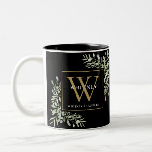 Greenery Elegant Black Gold Personalised Monogram  Two-Tone Coffee Mug