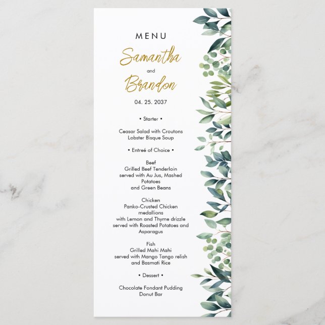 Greenery elegant botanical leaves Wedding Menu (Front)