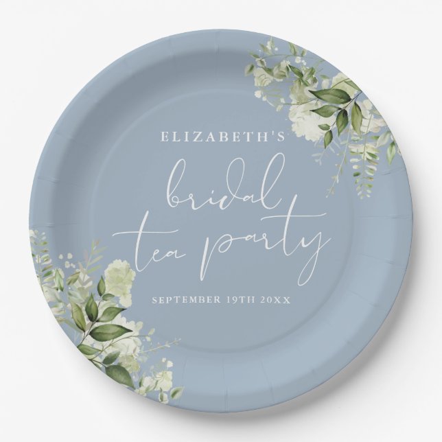 Greenery Elegant Dusty Blue Bridal Tea Party Paper Plate (Front)