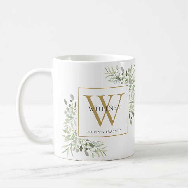 Greenery Elegant Gold Personalised Monogram Coffee Mug (Left)