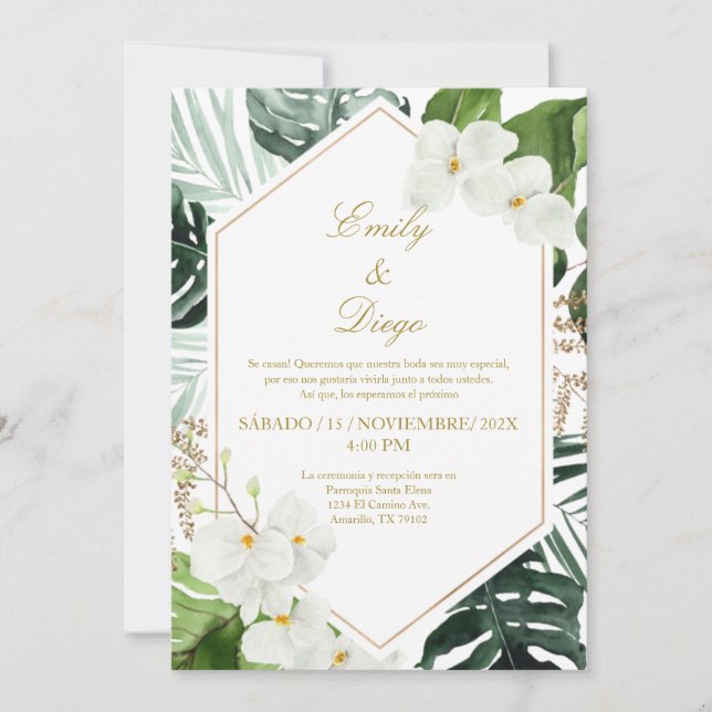 Greenery elegant wedding Invitation in Spanish (Front)