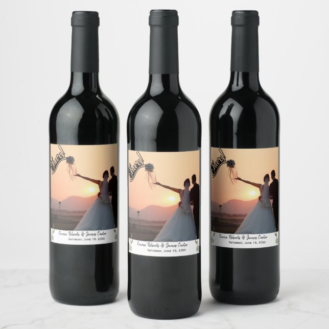 Greenery Elegant Wedding Photo Wine Label (Bottles)
