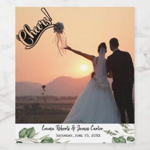 Greenery Elegant Wedding Photo Wine Label