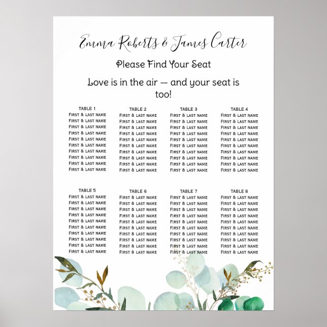 Greenery Elegant Wedding Seating Chart (Front)