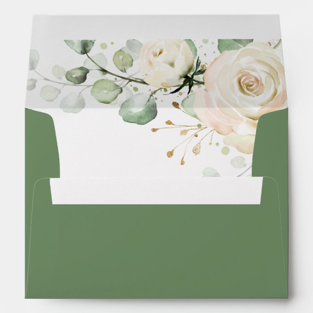 Greenery Elegant White Rose Floral Wedding Envelope (Back (Bottom))