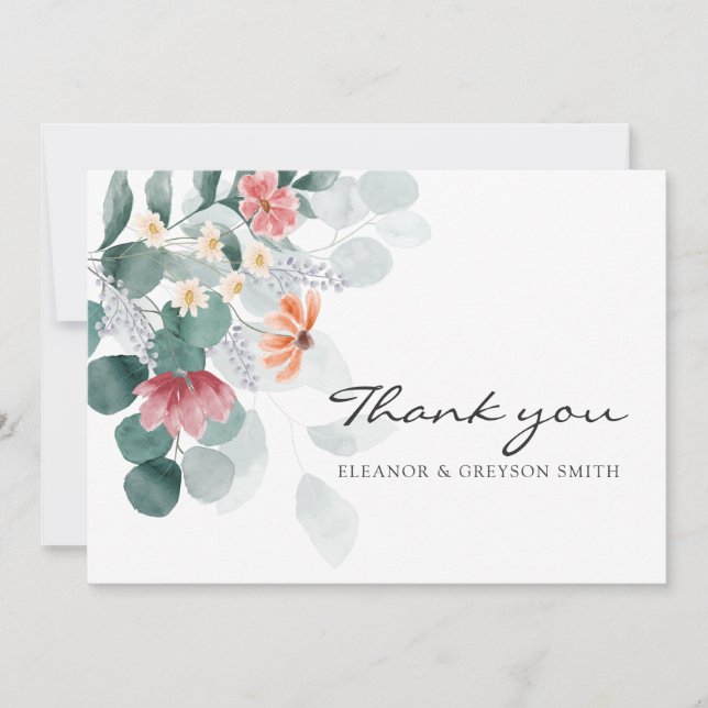 Greenery elegant wildflower eucalyptus thank you holiday card (Front)