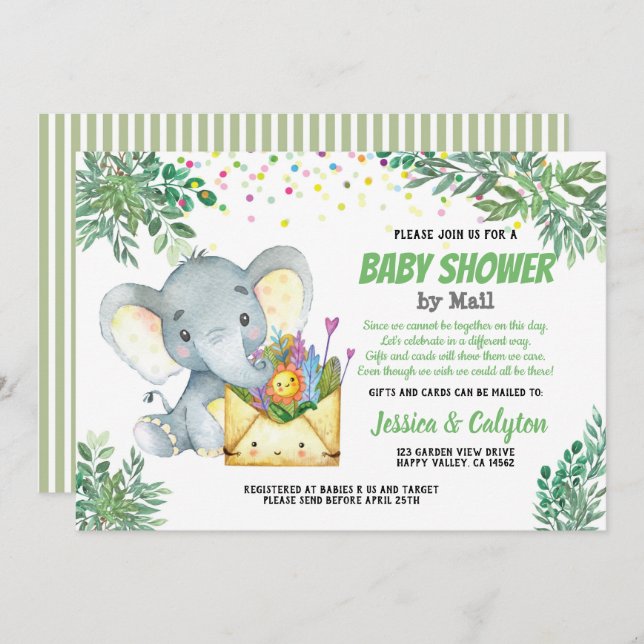 Greenery Elephant baby shower by mail , virtual Invitation (Front/Back)