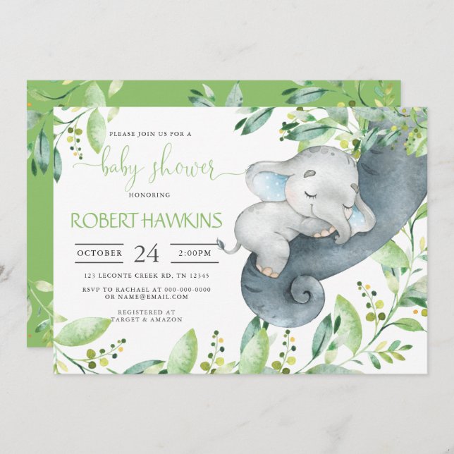 Greenery Elephant Baby Shower Invitation (Front/Back)