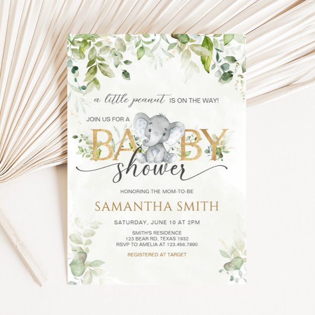Greenery Elephant Baby Shower Invitation (Little Peanut Baby Shower Invitation)