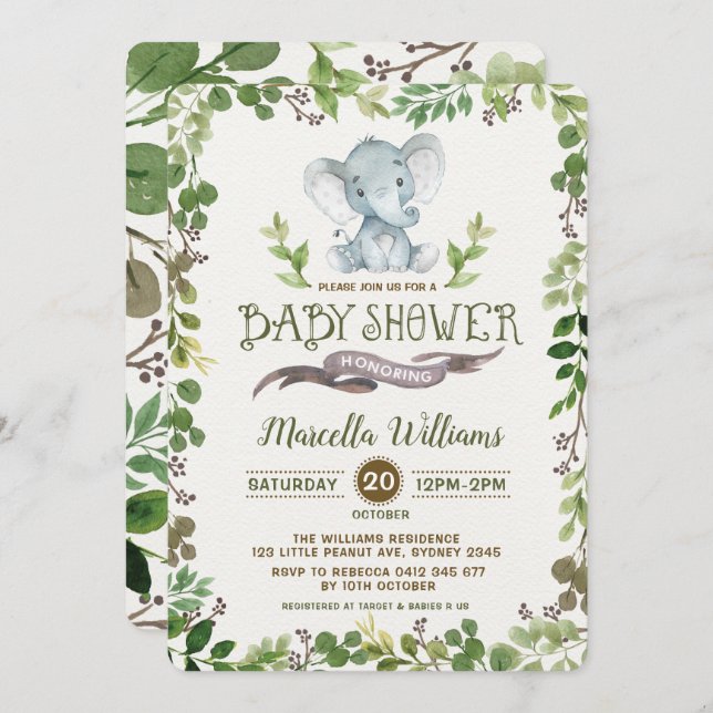 Greenery Elephant Baby Shower Invitation Botanical (Front/Back)