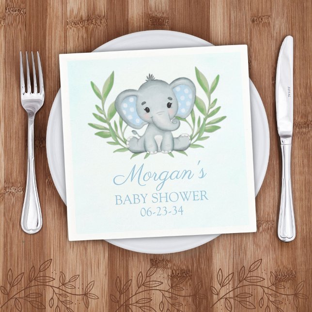 Greenery Elephant Blue Boy Baby Shower Napkin (Creator Uploaded)