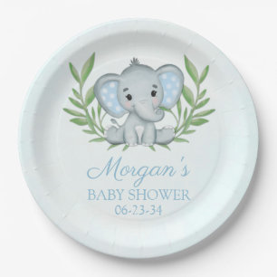 Greenery Elephant Blue Boy Baby Shower Paper Plate