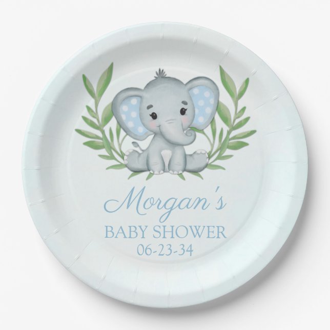 Greenery Elephant Blue Boy Baby Shower Paper Plate (Front)